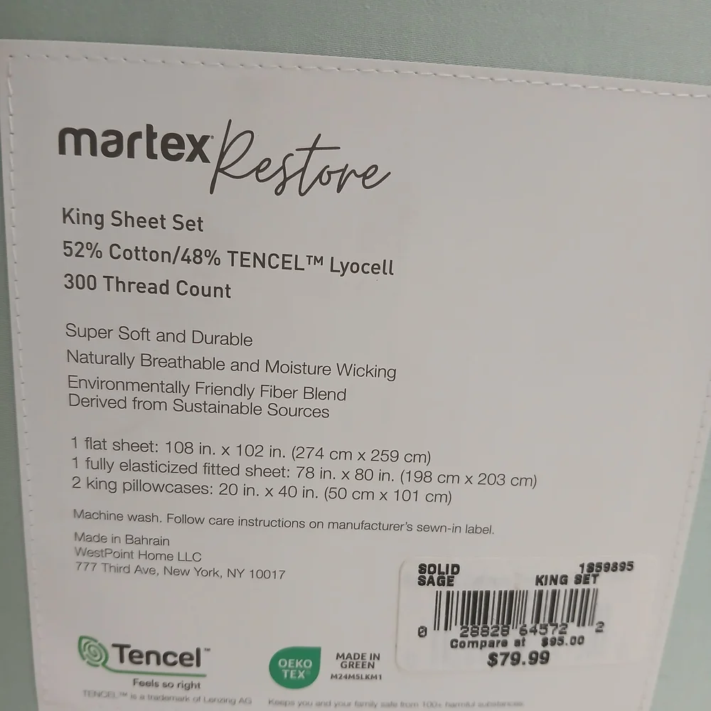 Martex Restore Solid Cotton and Tencel King Sheet Set 52% Cotton 48% Telcel New - Picture 5 of 6